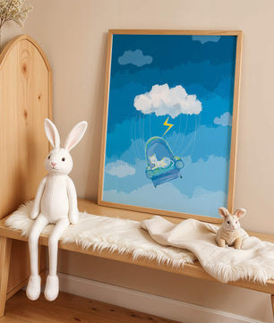 Gato soñador en un sillón flotante en un cielo nublado surrealista