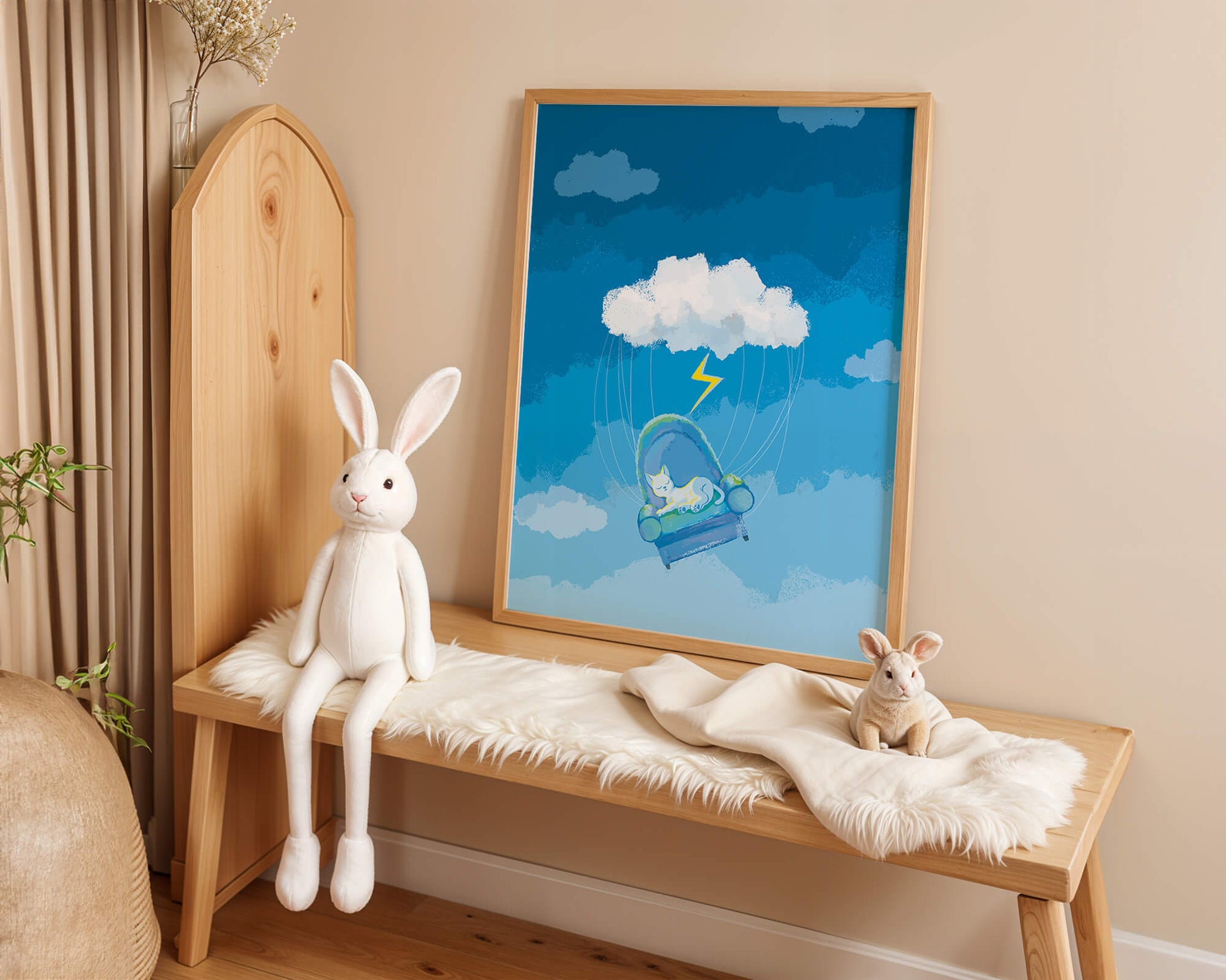 Dreamy Cat on a Floating Armchair in a Surreal Cloudy Sky