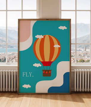 Bunte Heißluftballon-Illustration mit Wolken und abstrakten Formen