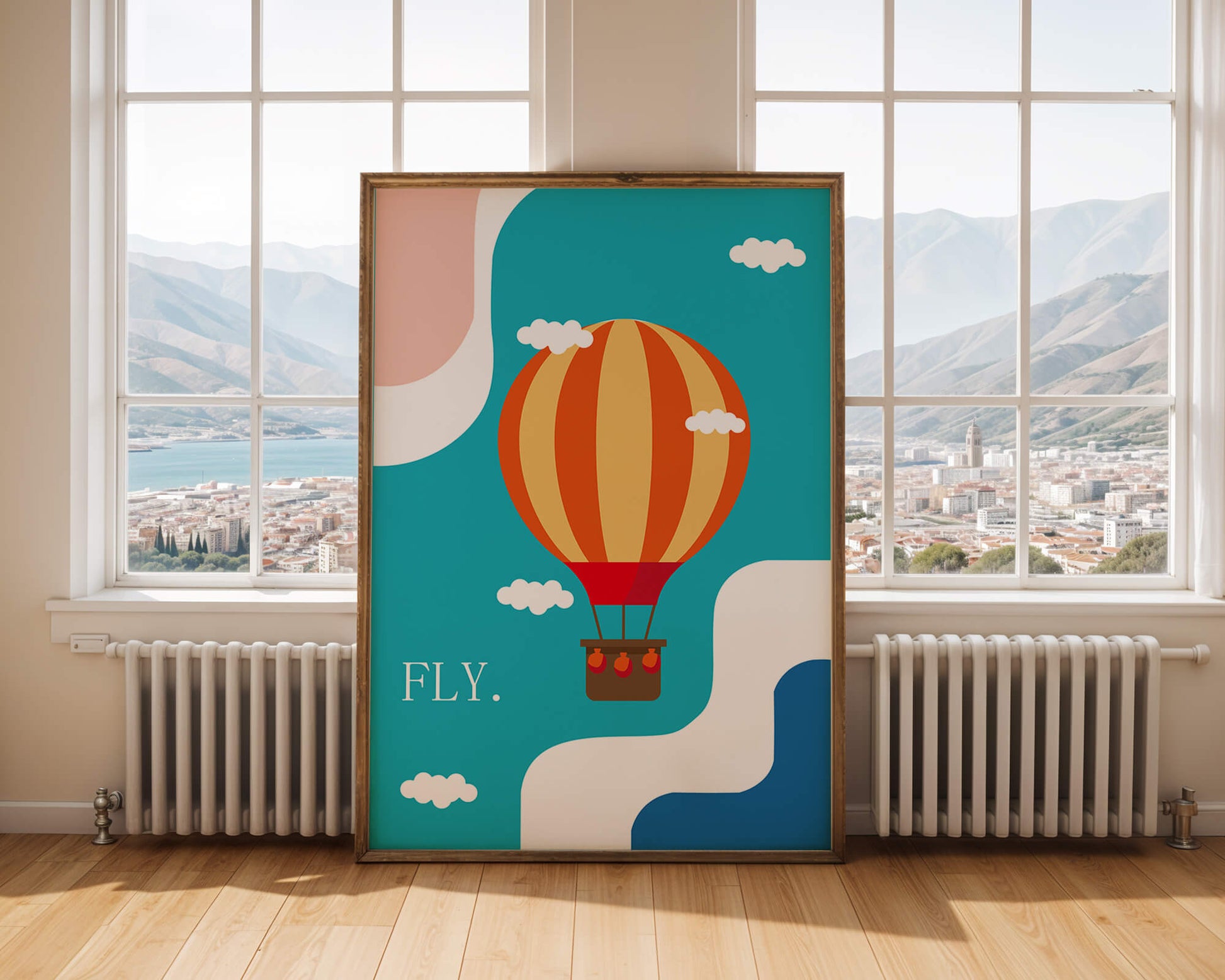 Bunte Heißluftballon-Illustration mit Wolken und abstrakten Formen