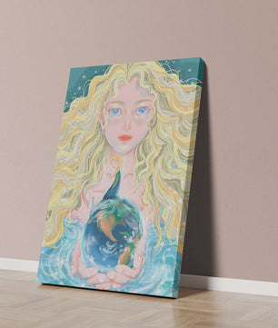 Fantasy artwork of woman holding earth with shimmering details