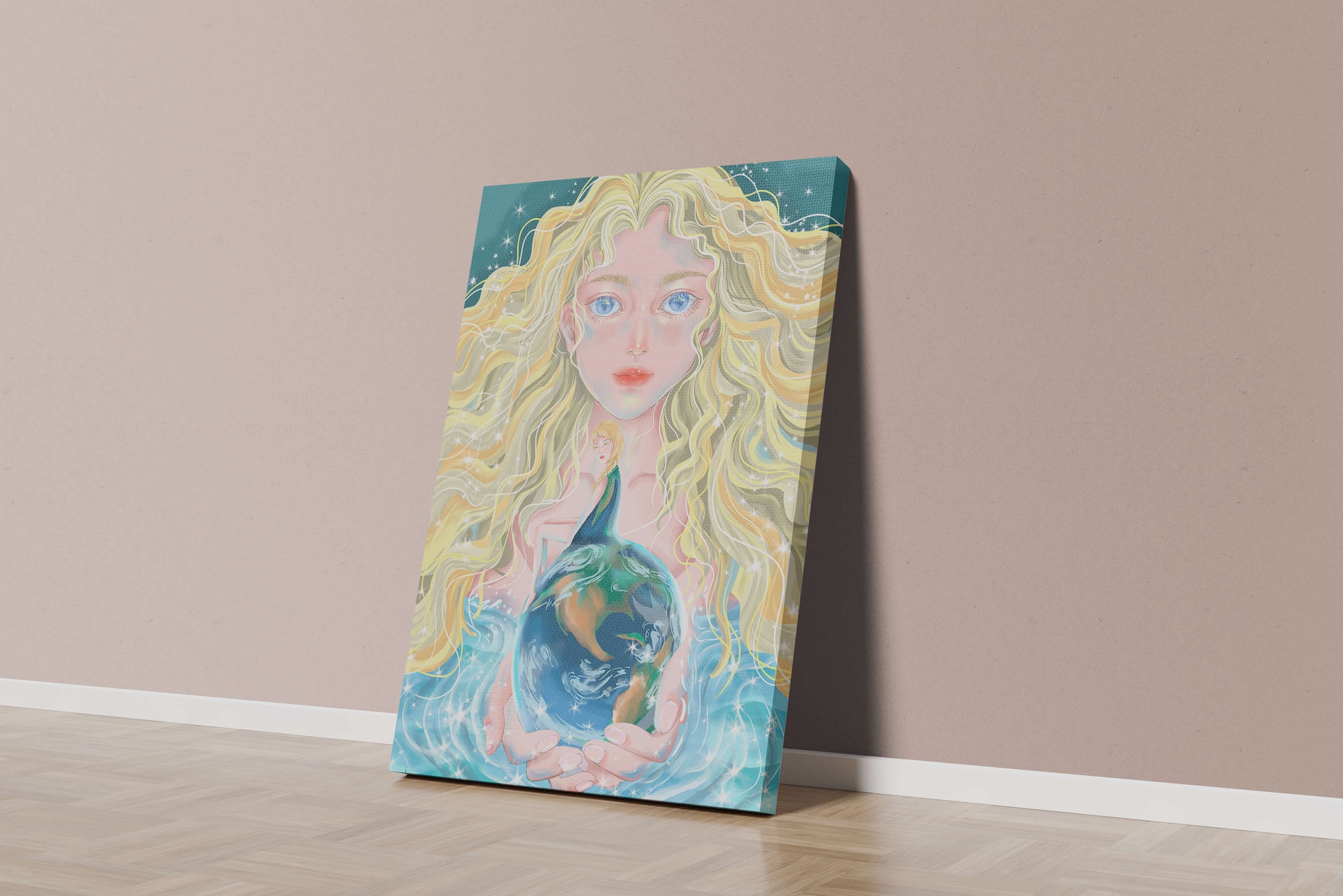 Fantasy artwork of woman holding earth with shimmering details