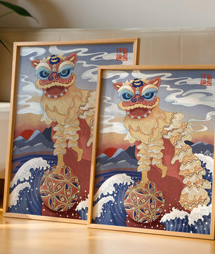 Traditionelle chinesische Löwentanzkunst mit malerischem Hintergrund
