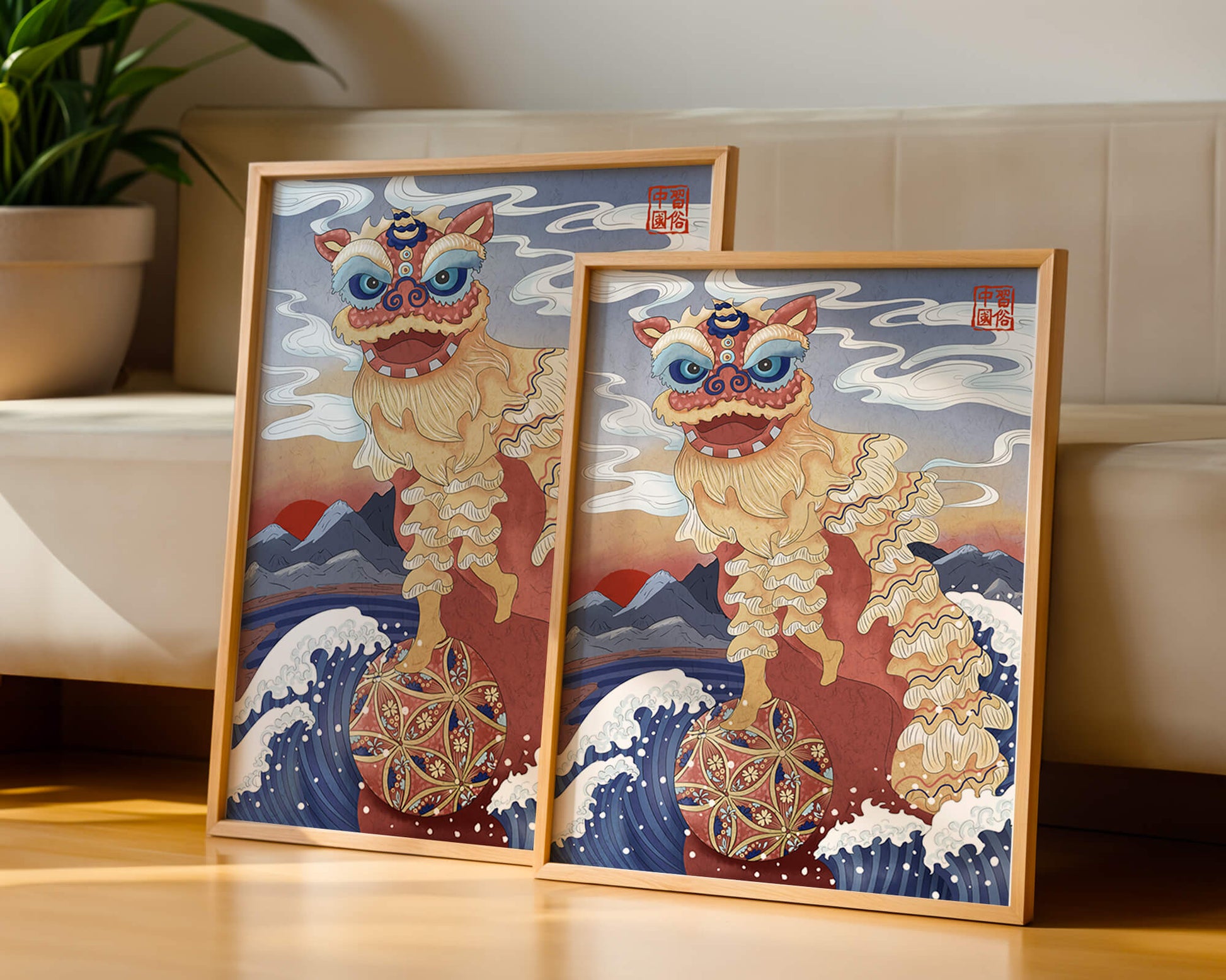 Traditionelle chinesische Löwentanzkunst mit malerischem Hintergrund