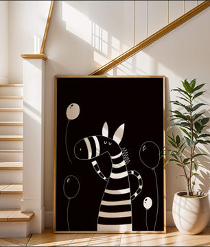 Cebra juguetona con globos en arte minimalista en blanco y negro