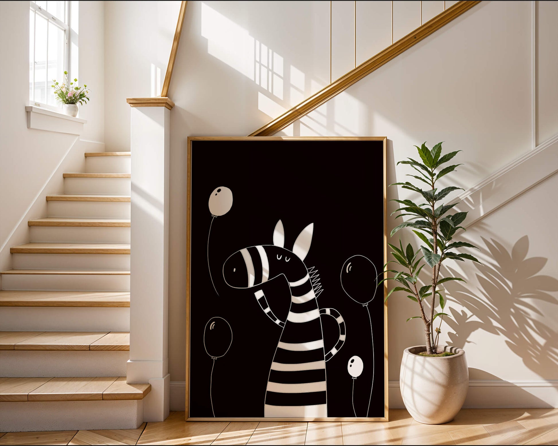 Cebra juguetona con globos en arte minimalista en blanco y negro