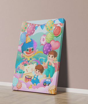 Colorful clown-themed children's party with balloons and toys