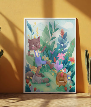 Playful Cat and Chicken in Vibrant Forest Scene Illustration
