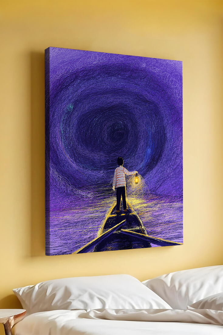 A boy holding a lantern on a boat in a swirling purple vortex
