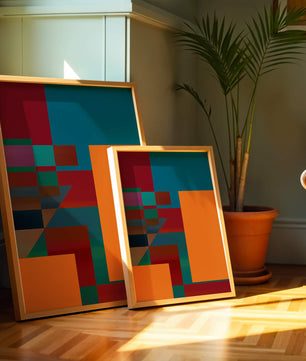 Diseño abstracto geométrico colorido con bloques y tonos audaces