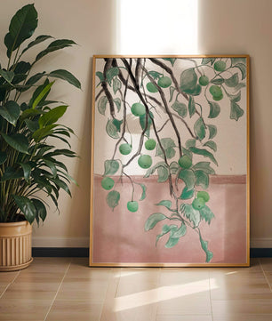 Branches With Green Apples And Leaves Over Pink Background