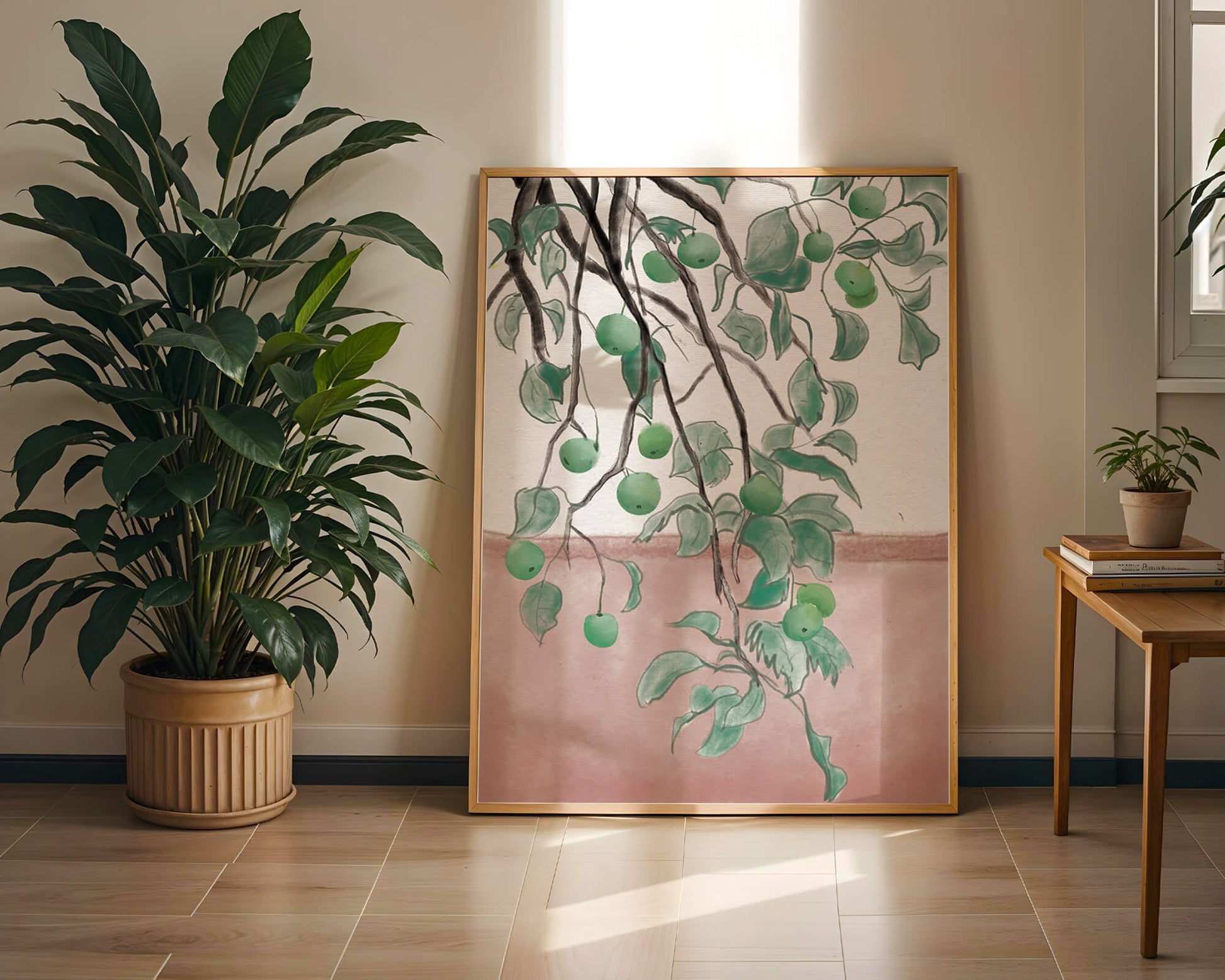 Branches With Green Apples And Leaves Over Pink Background