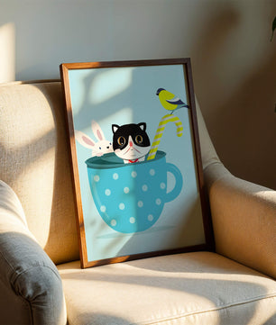 Playful illustration of cat, rabbit, and bird in a teacup