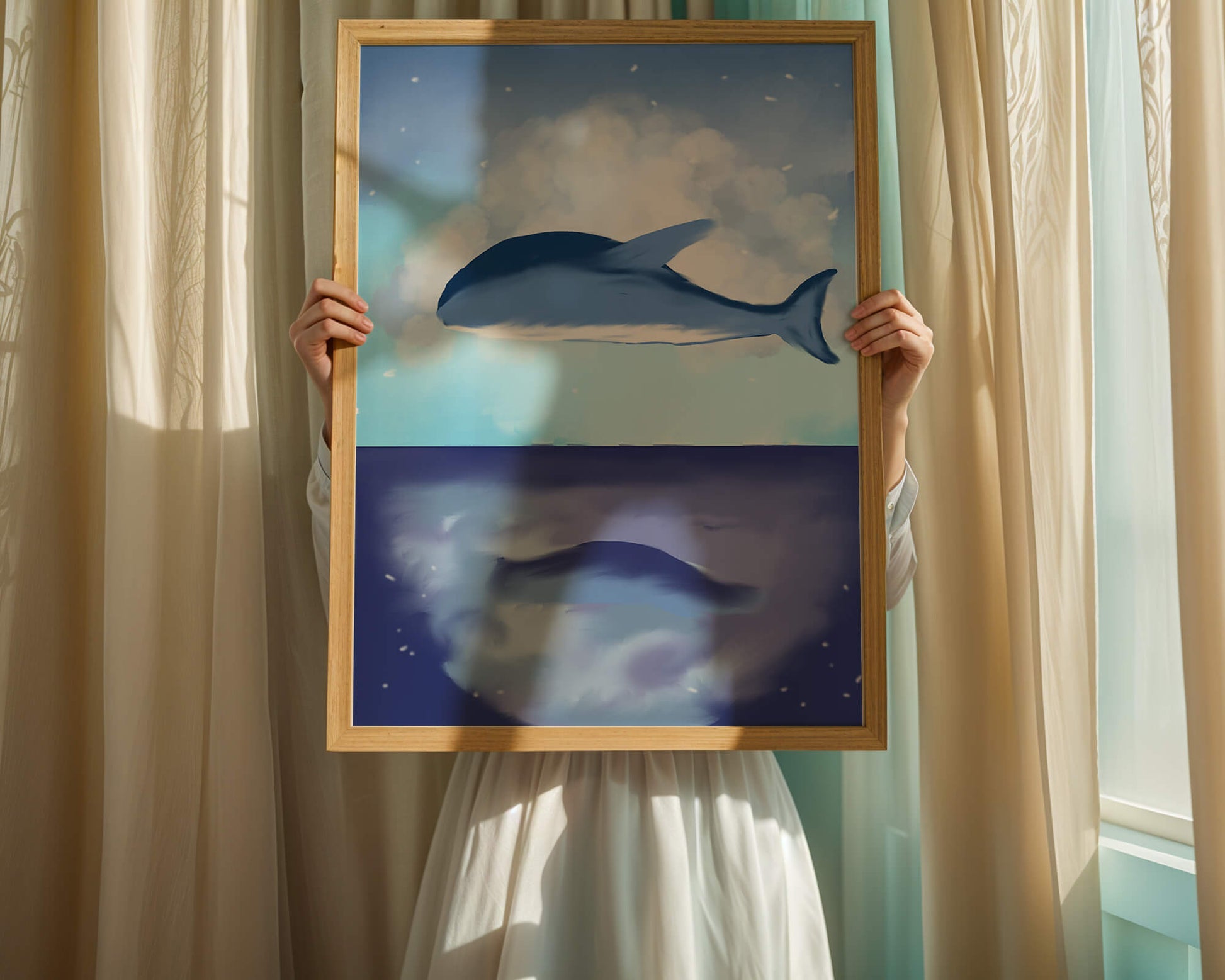 Surreal Ocean Scene with Floating Whale and Cloudy Sky Reflection
