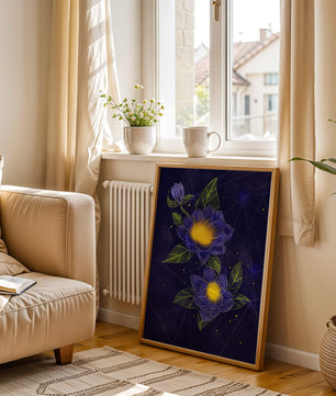 Floral Art with Blue and Yellow Lotus Design on Starry Background