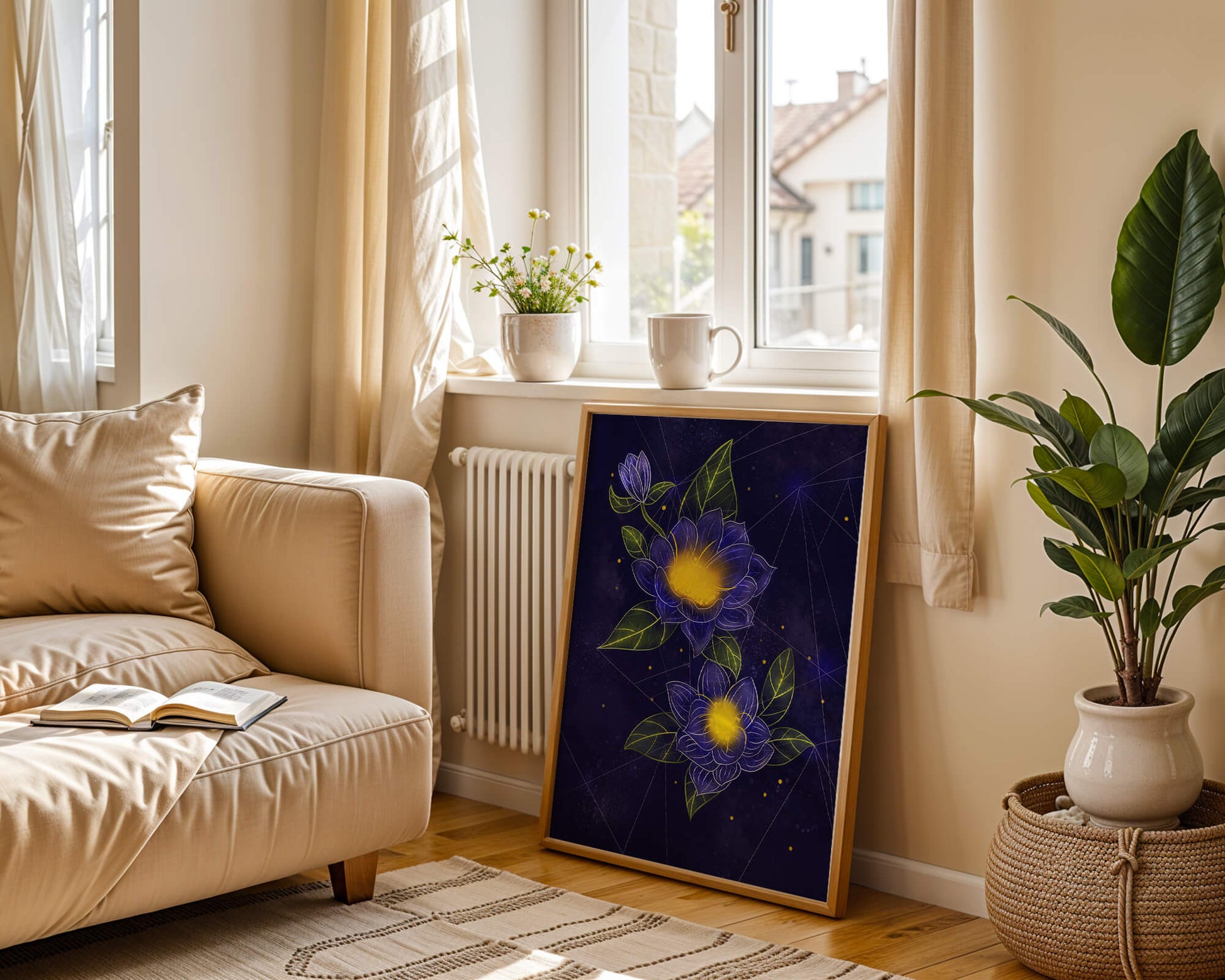 Floral Art with Blue and Yellow Lotus Design on Starry Background