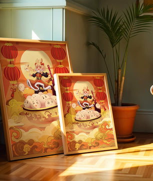 Charming festive fantasy illustration featuring lanterns and playful characters