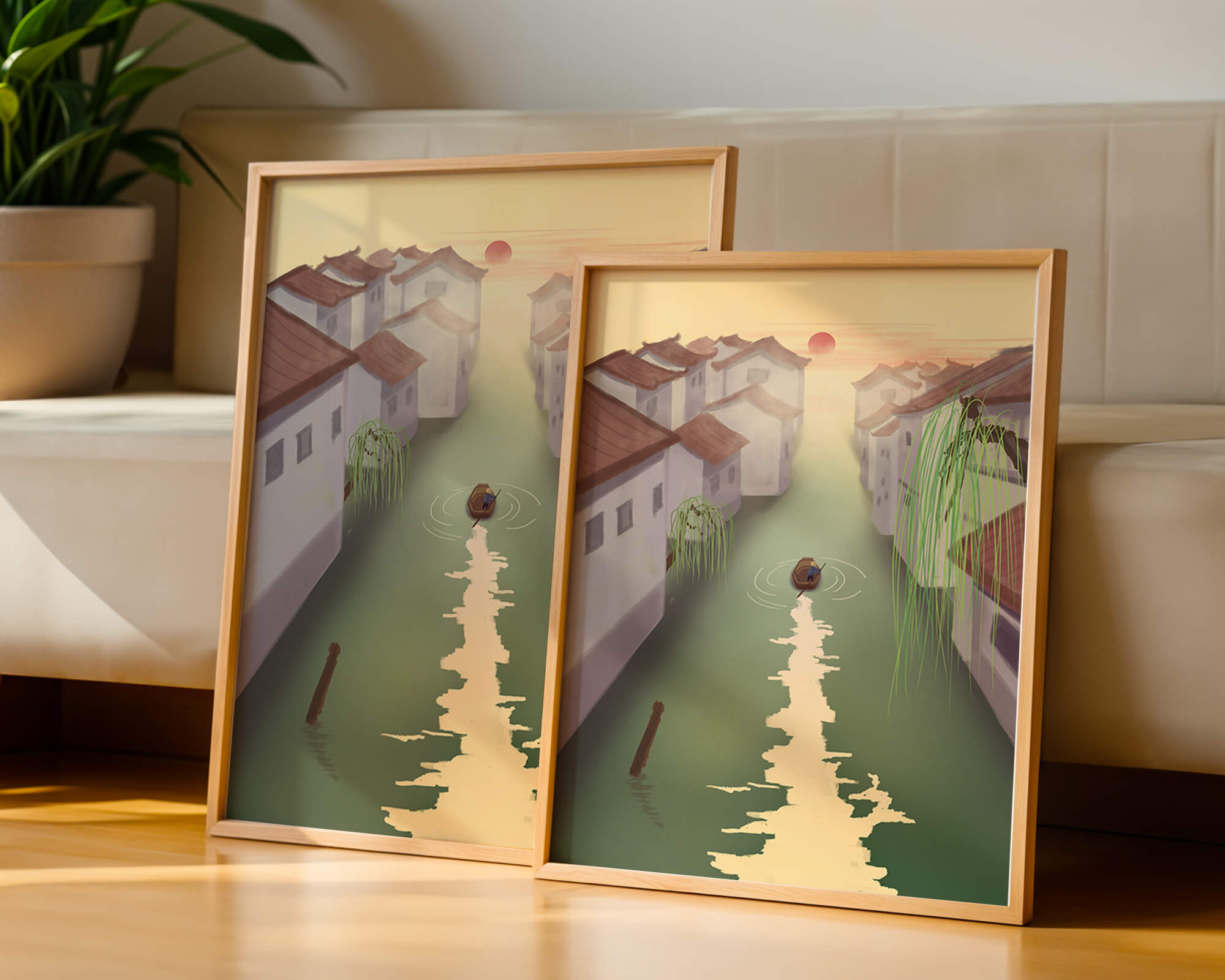 Tranquil river scene with traditional architecture and sunset
