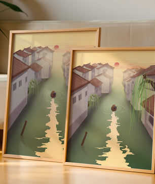 Escena de río tranquilo con arquitectura tradicional y atardecer