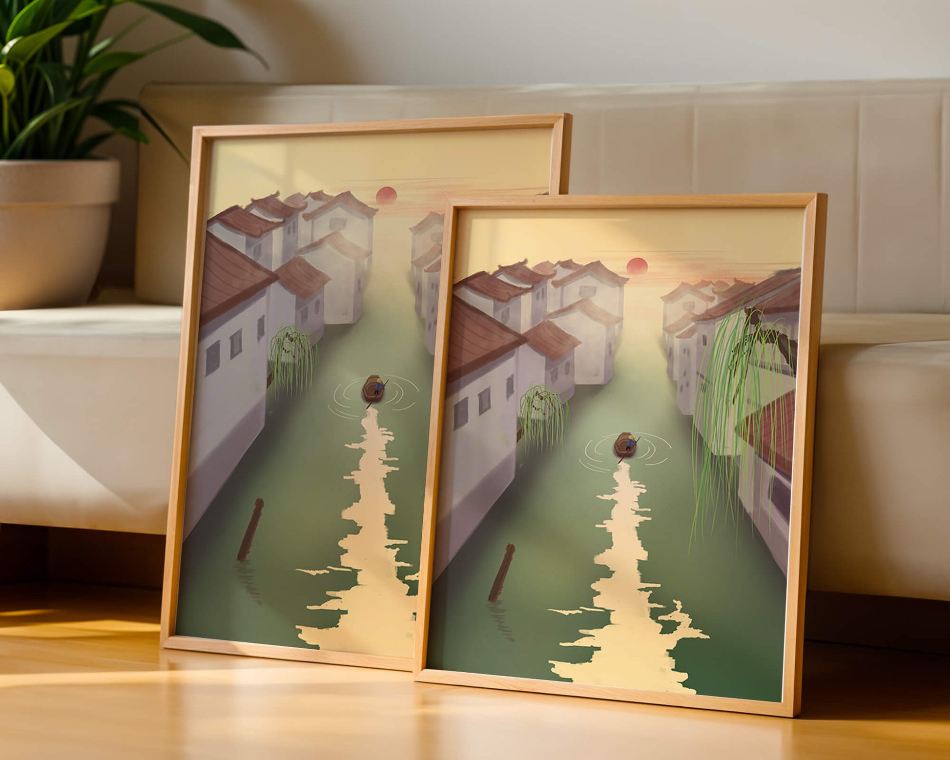 Tranquil river scene with traditional architecture and sunset