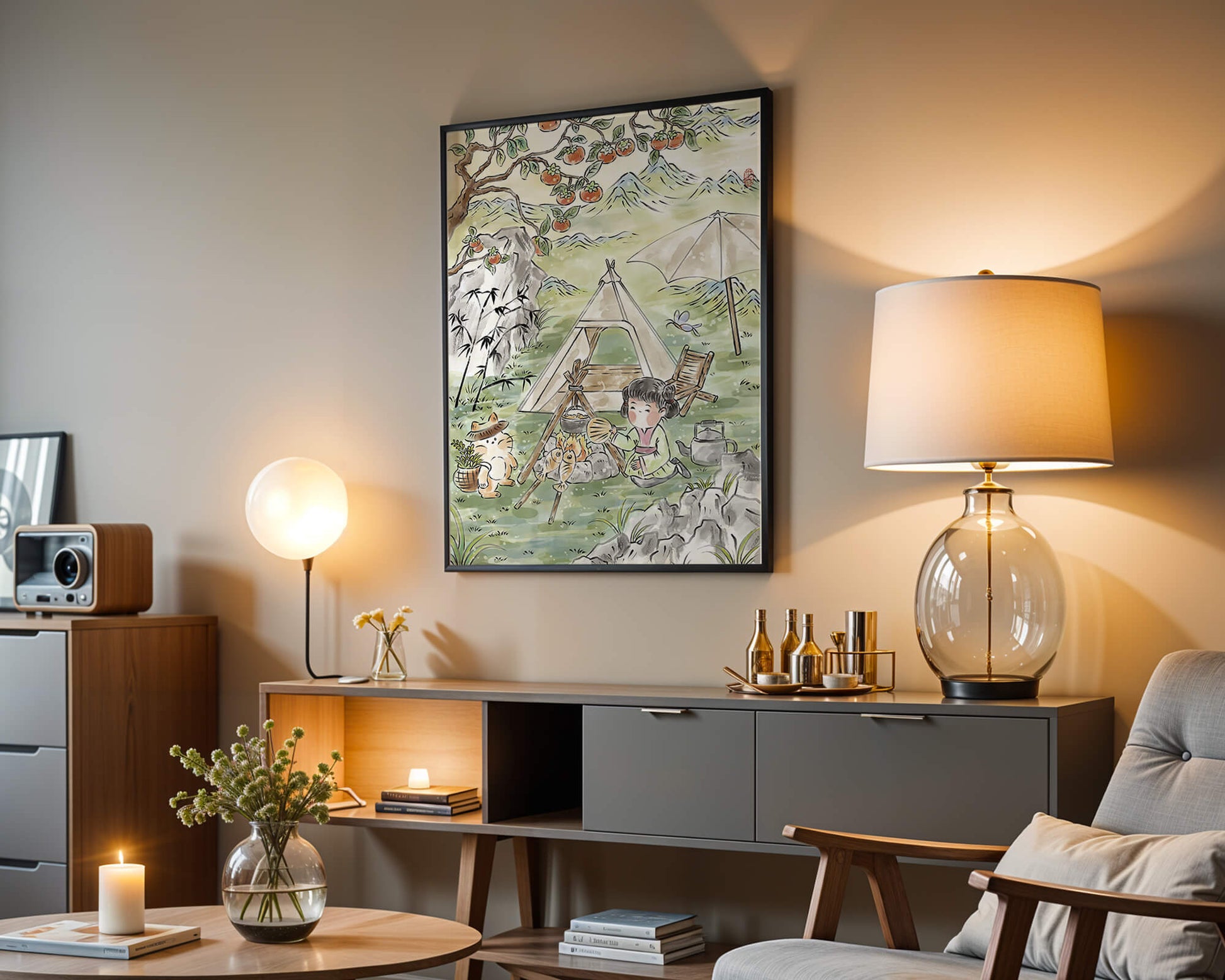 Escena encantadora de camping con un niño y un gato bajo un árbol de caqui