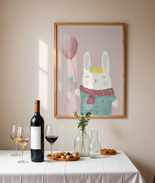 Ilustración adorable de un conejo con globo rosa y corona dorada
