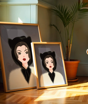 Illustration of a woman in a cat hoodie on a soft gray background