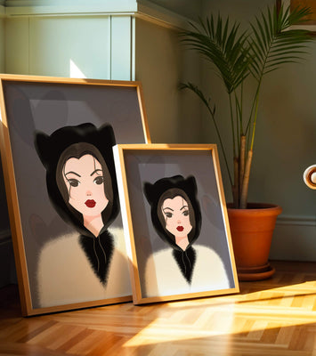 Illustration of a woman in a cat hoodie on a soft gray background