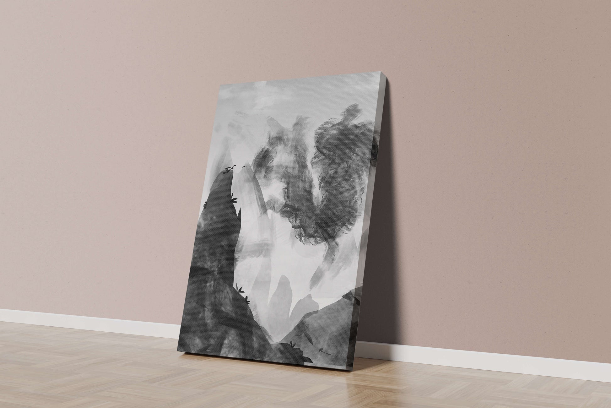 Paisaje monocromático con montañas y nubes abstractas