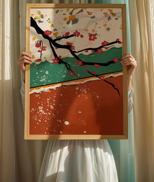 Artistic depiction of blossom branches with gold elements and abstract background