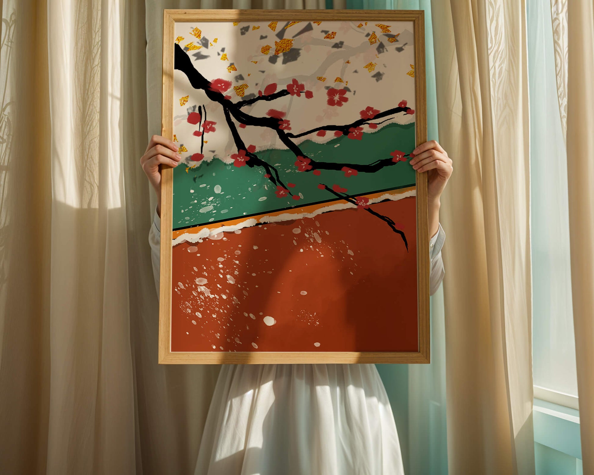 Artistic depiction of blossom branches with gold elements and abstract background