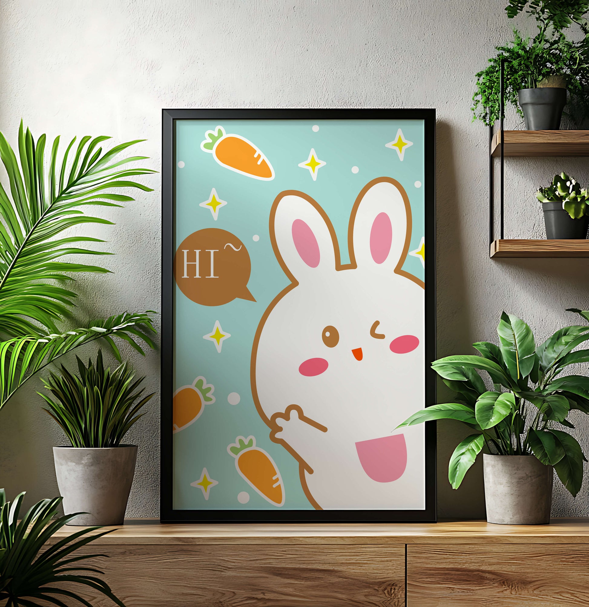 Conejo de dibujos animados juguetón con zanahorias y estrellas sobre fondo turquesa