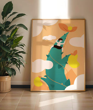 Man Climbing Giant Beanstalk Reaching to Sun in Minimalist Style - Mi tienda