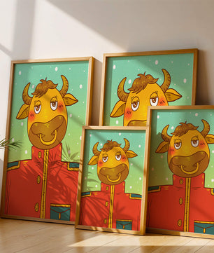 Cartoon cow character in a red coat against a snowy background