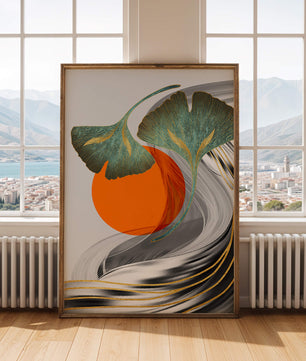 Hojas de Ginkgo abstractas con círculo naranja y ondas plateadas