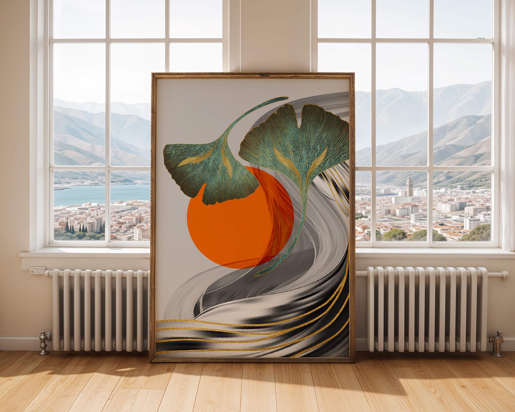 Hojas de Ginkgo abstractas con círculo naranja y ondas plateadas