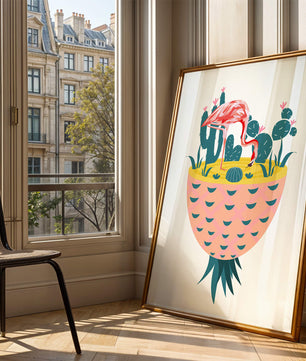 Ilustración de flamenco con cactus en jarrón de piña