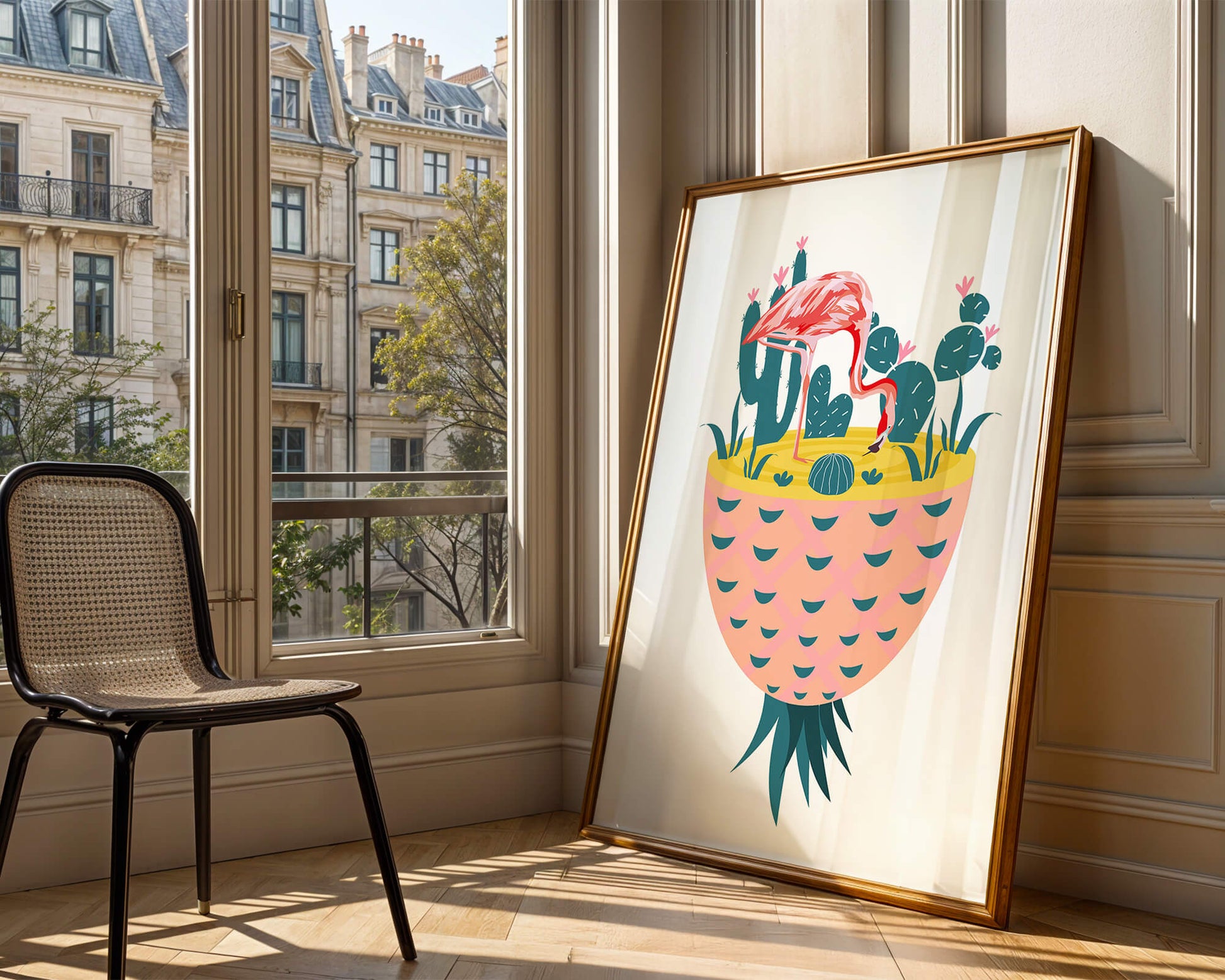 Ilustración de flamenco con cactus en jarrón de piña