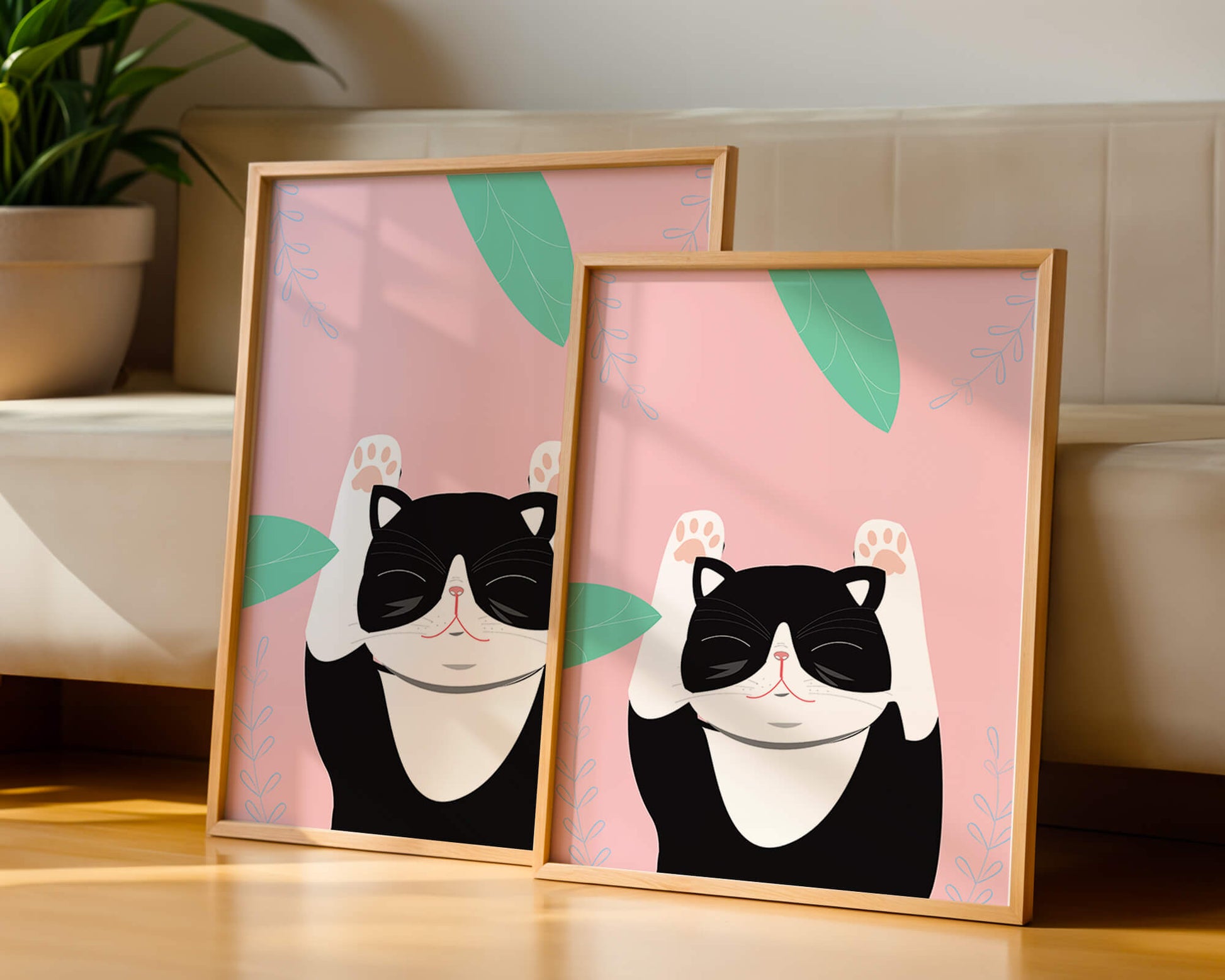 Illustrated cat on pink background with leaves