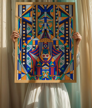 Arte tribal abstracto geométrico con patrones simétricos en azul y naranja