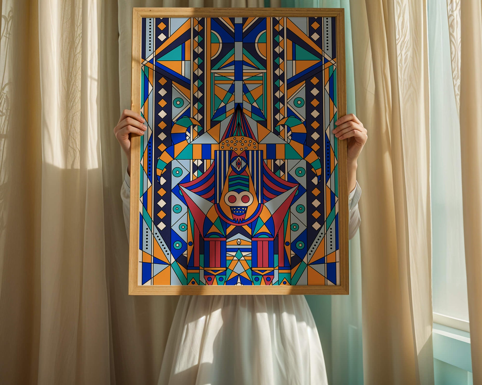 Arte tribal abstracto geométrico con patrones simétricos en azul y naranja
