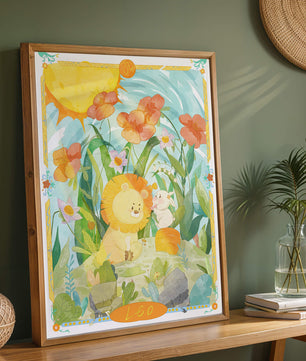 Charming watercolor illustration of lion and rabbit in a vibrant floral landscape