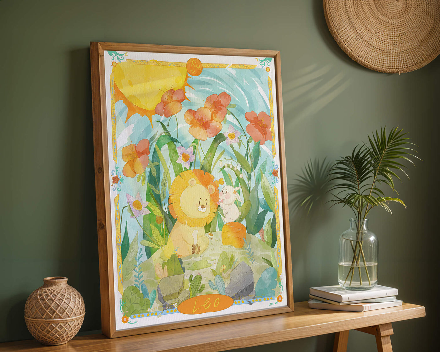 Charming watercolor illustration of lion and rabbit in a vibrant floral landscape