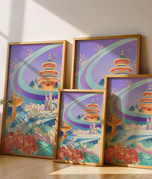 Colorful futuristic landscape with traditional Chinese architecture and high-speed train