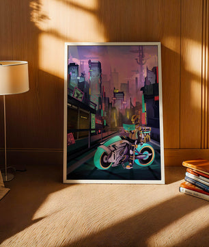 Paisaje urbano futurista cyberpunk con rascacielos iluminados con neón y motociclista