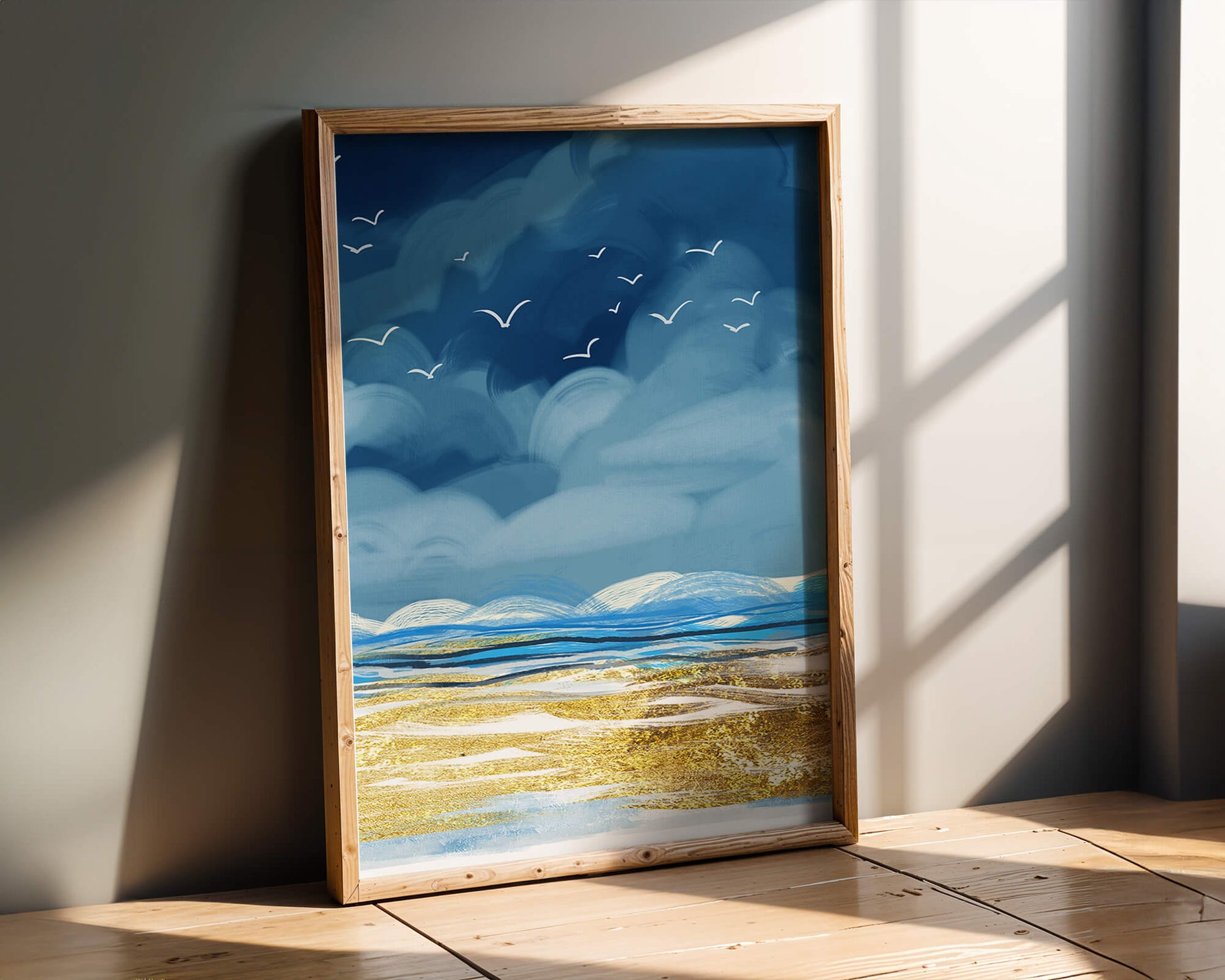Seascape with Birds in a Vibrant Blue and Gold Palette