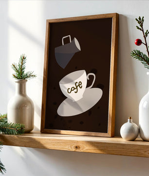 Taza de café minimalista con jarra vertiendo sobre fondo oscuro
