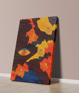 Abstract colorful artwork with eye and silhouettes
