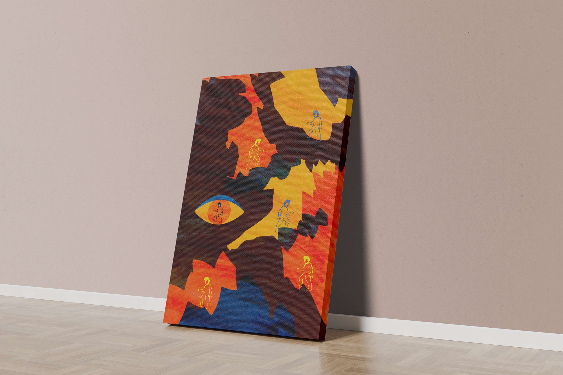 Abstract colorful artwork with eye and silhouettes