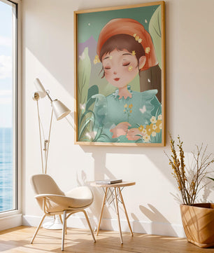 Ilustración serena de una chica en la naturaleza con flores y mariposas